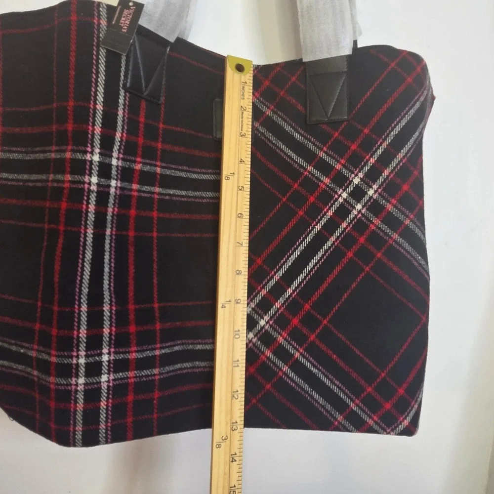 Victorias Secret Mixed Plaid Tote Bag Black Red White Holiday Oversized Shopper